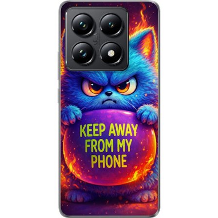 Kompatibelt Mobildeksel til Xiaomi Xiaomi 14T Pro Sinna lodne blå katt med teksten "Hold deg unna telefonen min" i neonfarger og ildlignende effekter
