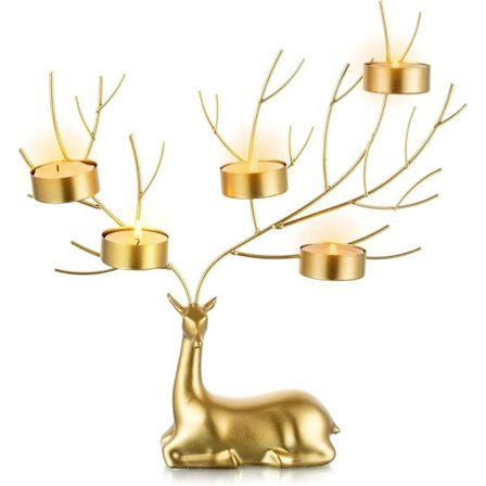 Poro-kynttilänjalka, kulta, jouluaihe, johon mahtuu 5 teekynttilää, sopii pöytäasetelmaan, takan koristeeksi ja joululahjaksi.