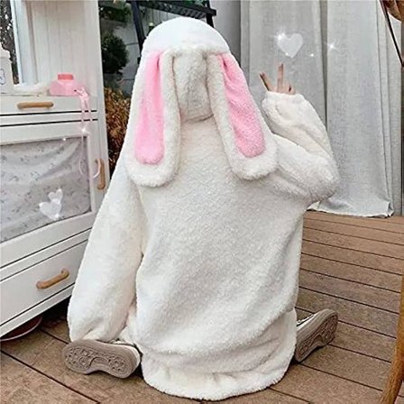 Sød Bunny Ear Hoodie Fuzzy Fluffy Kanin Sweater Sweatshirt Pullover Toppe Langærmet Kawaii Jakke Frakker hvid XL