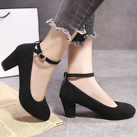 Naisten pyöreäkärkiset ruusukorkokengät, paksu korko, toimistopumput, naisten kengät musta Black_MGF