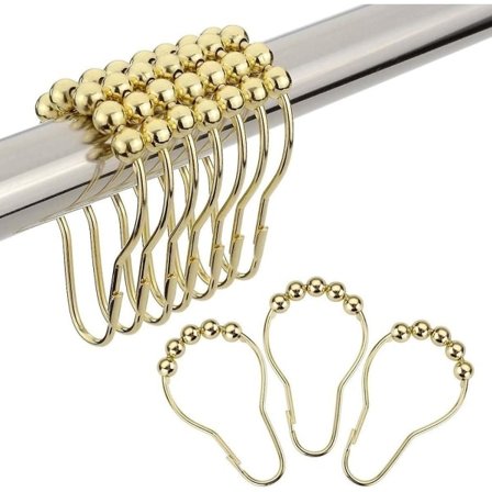 12-pak Bruseforhængskroge, Guld Rustfrit Stål Metal Bruseforhæng med Rullekugler til Badeværelsesgardinstænger