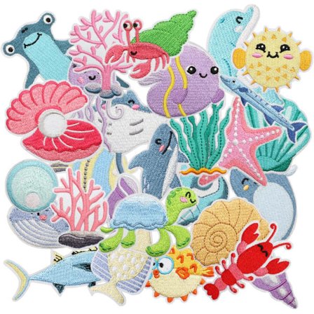 28 stk. Sjødyr Stryke-/Sy-på-merker, Søt Sommer Broderte Applikasjoner, Havstrand Dekorasjon for Klær, Hatt, Veske, Jeans, Kjole, Skjorte