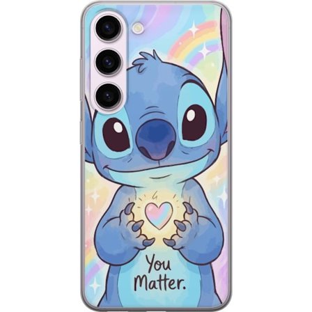 Kompatibel Mobilcover til Samsung Galaxy S23 Sød blå fantasy figur med store glossy øjne der holder et skinnende hjerte mod en regnbue baggrund i en b