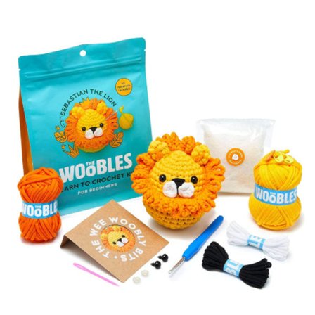 Woobles Heklesett for nybegynnere i Simple Pea-garn, som sett på Shark Tank Penguin lion