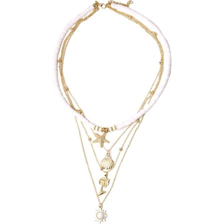 Flerskiktade halsband i guld med kammussleskalhänge