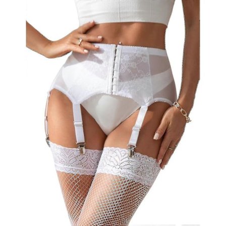 【PP】Damestrømpebånd Plus Size Blondestrømpebånd Og 6 Metallklemmer Justerbart Undertøy Strømpebukser U Hvit