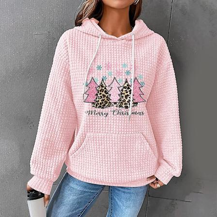 Fem juletrær trykte vaffel hettegenser for kvinner tilfeldig tykk oppvarming topp for kvinner jente rose red 5xl