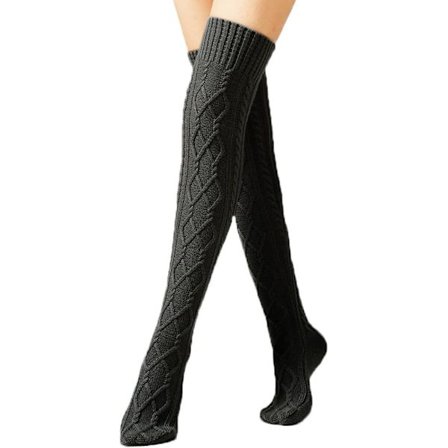 Lange strikkede sokker til kvinder - Sorte, varme lårhøje sokker til vinteren