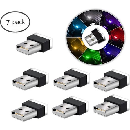 USB LED Bil Interiør Atmosfære Lys, 7 stk Plug-in 5V Universal Mini LED USB Lys for Bil Interiør Bagasjerom.