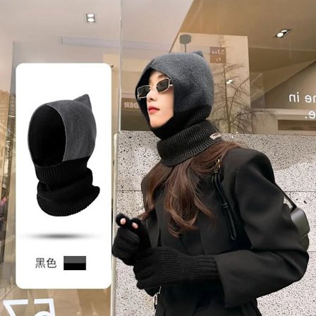 Winter Women Men's Knitted Cotton Hat Scarf Color Matching Two-color Balaclava Outdoor Warm Cloth Vanda Collar Skullies Beanies black