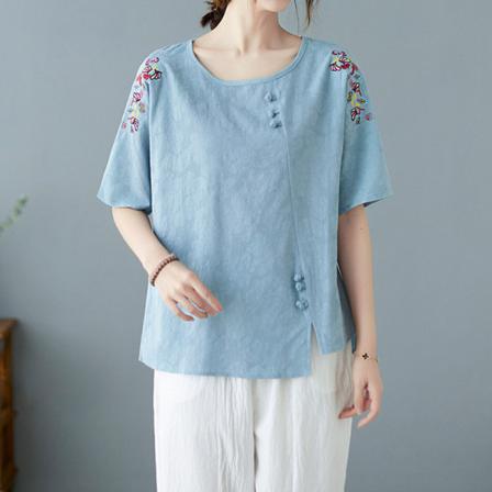 Broderi T-shirt För Kvinnor Med Rund Hals T-shirt