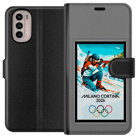 Yhteensopiva Lompakkokotelo Motorola Moto G31 Retrojuliste Cortina Milano 2026 vuorilla, talviurheilijoilla, italiankoloreilla, Milanon tuomiokirkolla