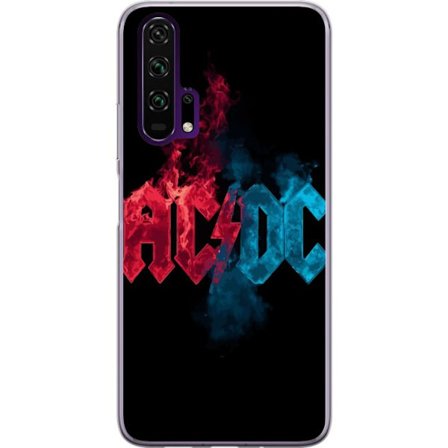 Kompatibelt Mobilskal till Honor Honor 20 Pro ACDC-logotyp i delad röd och blå eld- och rökstil mot svart bakgrund med kraftfull rockestetik och h