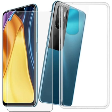 Fodral till Xiaomi Poco M3 Pro / Redmi Note 10 5G - Transparent - Mjuk TPU - Härdat glas - Skärmskydd