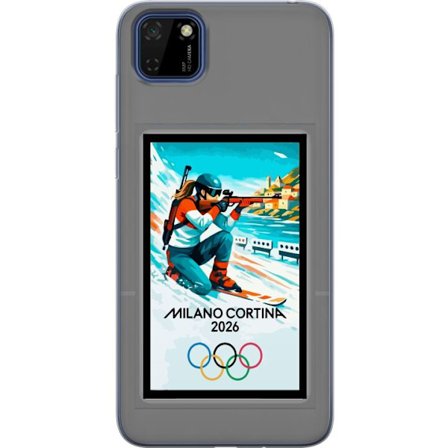 Kompatibelt Mobildeksel til Huawei Y5p Retroplakat Cortina Milano 2026 med fjell, vintersportsutøvere, italienske trikolor, Milano-katedralen og olymp