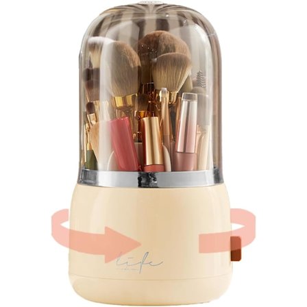 Sminkborsthållare med lock, 360° roterande dammtät sminkborstorganisatör, kosmetikaförvaring för sminkbord och badrum, smörgult