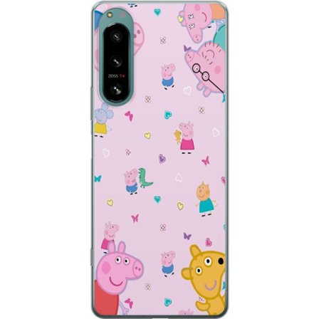 Kompatibelt Mobildeksel til Sony Xperia 5 IV Peppa Gris med en baby i armene, mamma gris motiv i fargerik og myk barneillustrasjon med hjerter