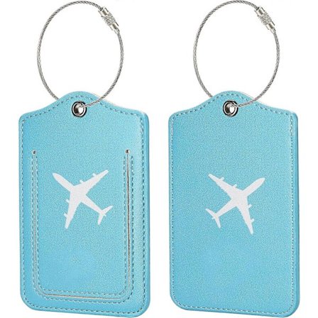 2 st Bagageetiketter med Namn ID-kort och Rostfri Stålögla, Slitstarka Bagageetiketter i Läder - 2 Blå flygplan