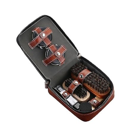 Professionelle lædersko plejesæt 9 dele, hestehår børste, sort skopolish, svamp børste, skopudser, sko horn, rengøringsklud - WELLNGS