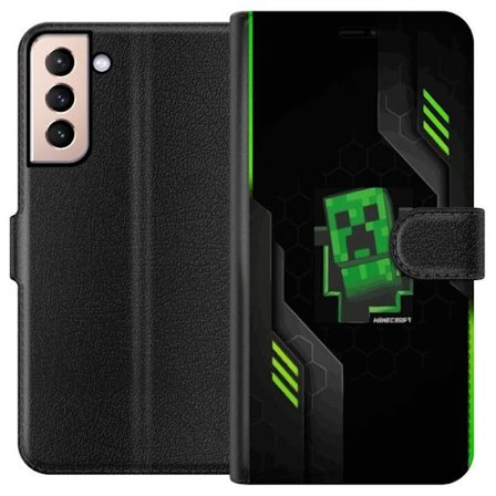 Yhteensopiva Lompakkokotelo Samsung Samsung Galaxy S21 Vihreä pikselipohjainen peli-esitys, jossa on futuristisia neon-elementtejä ja tumma tech-tau