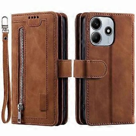 Til Xiaomi Redmi Note 14 5G Etui PU Læder Telefon Cover med Lynlås Pung 9 Kort Slots-Brun(Brun)
