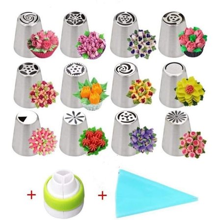 Russiske sprøytetipper, 14-delt kakedekorasjonssett, koblinger og poser, profesjonelt bakeutstyr, cupcake-glasurverktøy (14 deler)