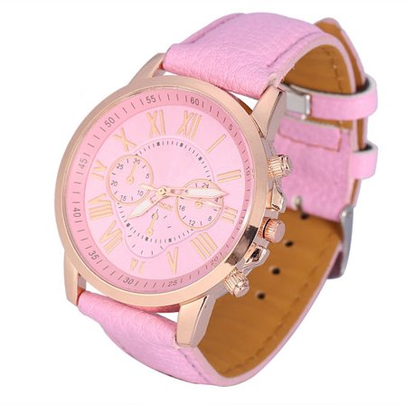 Fashion Lady PU Läderband Analog Kvarts Rund Siffra Klocka Casual Armbandsur Rosa