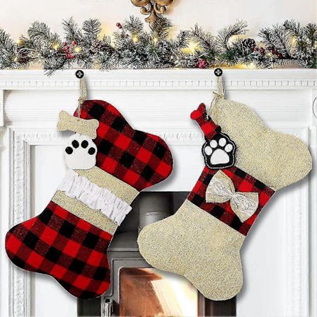 2 st Julstrumpor för husdjurshundar, Buffalo Plaid Julstrumpor Stor Benform Hängande Husdjursstrumpor - Röd+Brun - Yx
