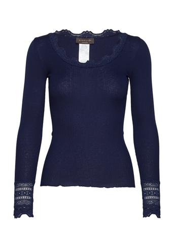 Silk T-Shirt W/ Lace T-shirts & Tops Long-sleeved Blå Rosemunde