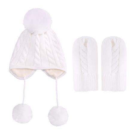 Barnhörselskydd stickad mössa ullboll baby handskar set (Vit)