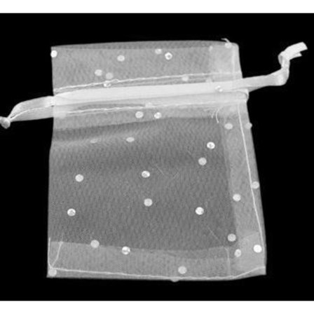 10 st. Organza påsar c.a 7x9 cm..Vita med silverprickar