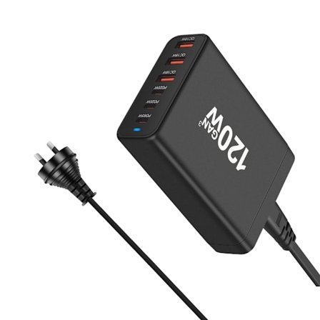 Avanceret opladningsstation til flere enheder med 3 USB C- og 3 USB A-porte, effektiv til telefoner, tablets, kameraer og mere