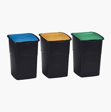 Biltema - Kildesorteringsbøtte 3 x 50 Liter - Fargede Lokk for Enkel Sortering, Praktisk, Laget av Resirkulert PP-Plast