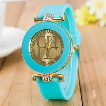 Enkelt läder Geneva Quartz Watch Dam Kristall Silikon Klockor Sky Blue