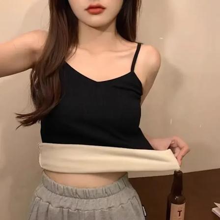 Varm vinterunderkläder för kvinnor, enfärgad termisk avslappnad nattkläder, sexig elasticitet, tunn sammet t-shirt, ärmlös topp Black2 40-55kg