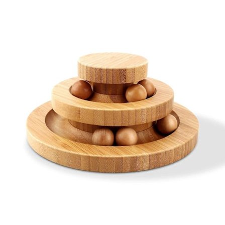 Interaktivt Aktivitetslegetøj til Kæledyr 2-Etagers Tårn med Spor Katte-Drille Boldlegetøj Tolags Roterbar Smart Sporbold Gyngende Rulle Gaver (Bambus