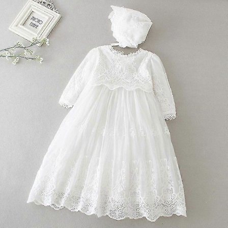 Dåpskjole til babyjenter Formell dåpskjole Prinsesse Langermet Blondebrodert Tyllkjole med Blondehatt-Yvan