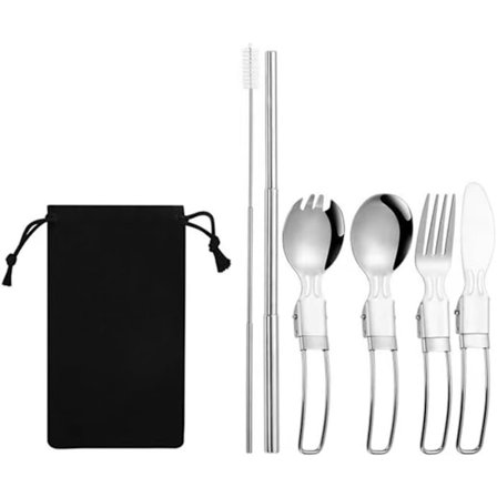 Sammenleggbart bestikksett, 304 rustfritt stål 6-delt reisebestikk med kniv, gaffel, skjeer, sugerør, børste og oppbevaringspose for camping H