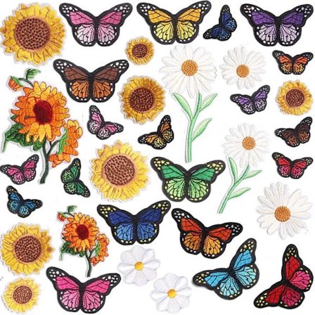 |NN| 35 stykker broderte stryke-på-merker for klær, solsikker sommerfugl stryke-på-merker sett, stor størrelse søt dekorasjon broderte lapper pakke 