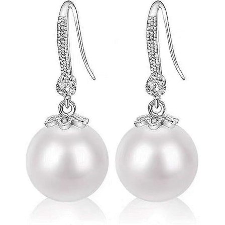 Örhängen i Sterlingsilver med Pärlor för Kvinnor med AAAAA Cubic Zirconia Kristall Diamant - 12mm Rund Vit Pärla Hängande Krok