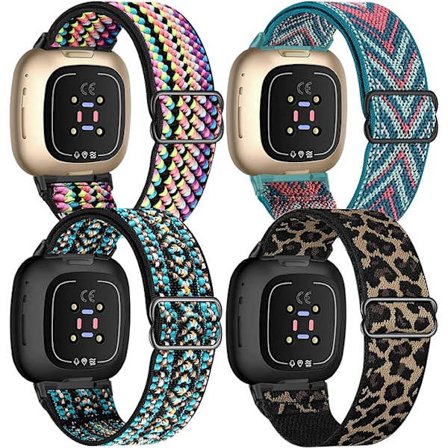 4-pack elastiskt nylonband kompatibelt med Fitbit Versa 3 / Fitbit Sense, justerbart elastiskt tyg smartklocka sportband (BohoRainbow/Green Arrow
