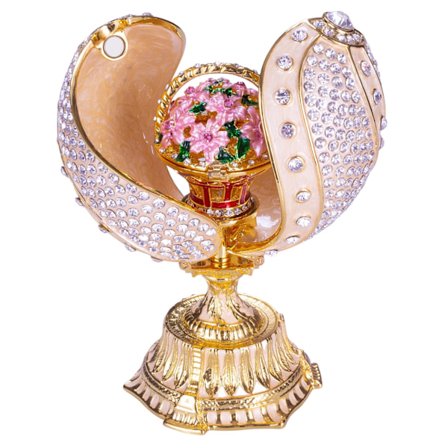 Faberge stil vridd egg Smykkeskrin med blomsterkurv 12 cm krem