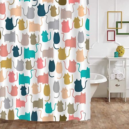 Söpö kissan suihkuverho, värikäs sarjakuva onnellinen kissa kissanpentu kylpyhuoneen sisustus naisille, lapsille tytöille, vedenpitävä kangas 