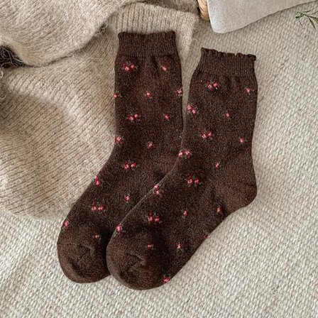 Mørk kaffe; Størrelse: One Size - Tykke retro uldsokker til kvinder, koreansk stil, afslappet blomstermønster, bløde og varme lange sokker til efterår