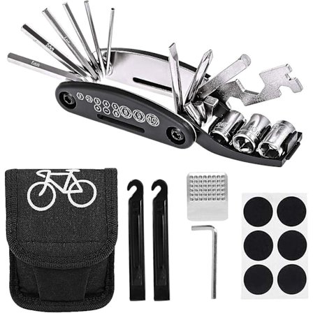 Cykel Reparationsværktøjssæt 16 i 1 Cykling Multifunktionelt Cykel Reparationssæt med Opbevaringspose Inkluderer 2 Dækbrækjern, 6 Lapninger, Metal 