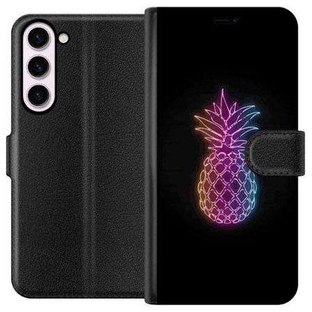 Kompatibelt Lommeboketui til Samsung Samsung Galaxy S23+ Neonlysillustrasjon av ananas i fargerikt lys mot svart bakgrunn