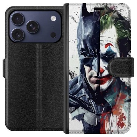 Kompatibelt Lommeboketui til Apple Apple iPhone 17 Pro Delt portrett av Batman og Joker i dramatisk illustrasjon, ikonisk superhelt motiv med mørk ku