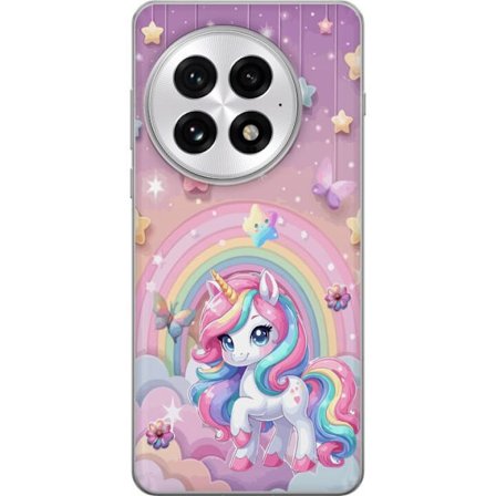 Kompatibelt Mobildeksel til OnePlus 13 Magisk enhjørning med regnbue manke, stjerner og sommerfugler mot en pastellhimmel med skyer