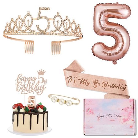 5-års födelsedagsprydnader för flickor, inklusive 5:e Grattis på födelsedagen tårtdekoration, drottningband med pärlpinne, Swee
