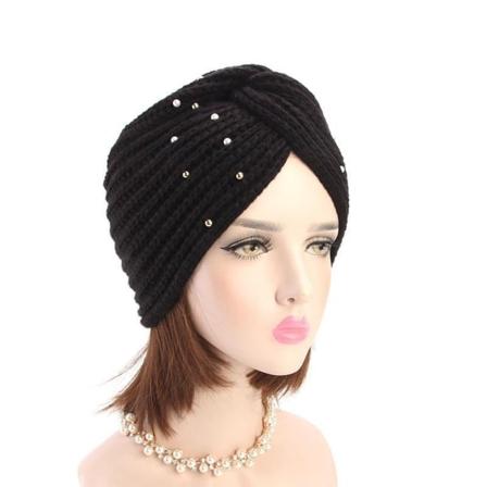 Strikket turban med perler perfekt i vinter efterår flere farver Black one size